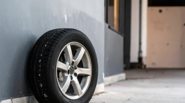 Single car tire with silver rim leaning against a grey wall