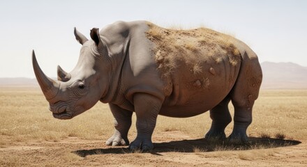 A solitary rhinoceros standing in a dry, arid landscape with a clear sky and distant mountains.