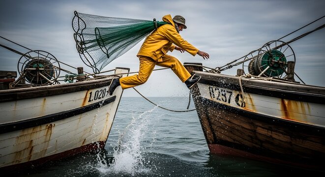 Fisherman jumping between boats with net cloudy sky outdoors