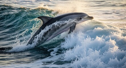 Obraz premium A dolphin leaping out of the ocean waves, captured during golden hour.