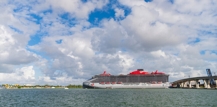 Miami, Florida, USA - November 03, 2024: Valiant lady cruise ship voyage. Cruise ship summer vacation. Virgin Voyages and Bain Capital. Cruise ship tour and travel at sea. Travel agency tour
