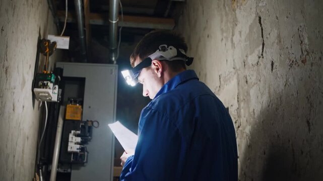 electrician inspects breaker panel in basement wearing headlamp and blue overalls, reads schematic and documents, checks wiring and meter, focused low-light repair against rough concrete walls, safety