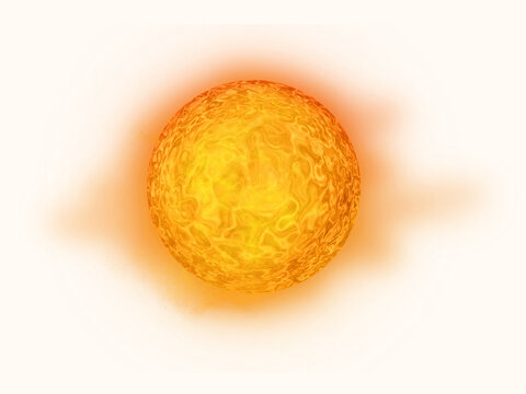 Glowing realistic sun with intense heat and fiery plasma texture on dark background. Bright solar energy concept, summer climate, global warming theme, isolated PNG.