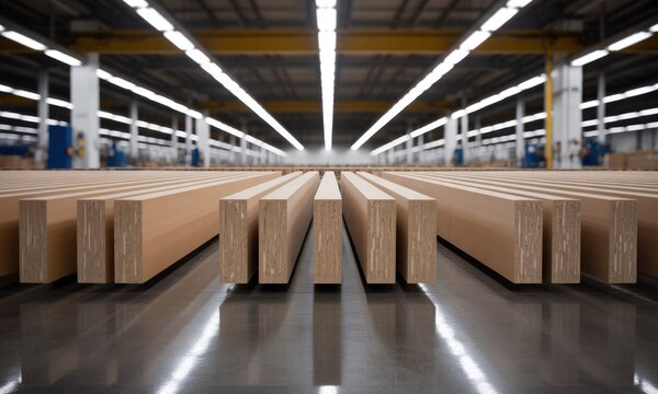 Wooden beams neatly arranged in a factory hall with bright overhead lighting