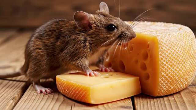 A brown mouse sniffing a large yellow cheese on a wooden surface