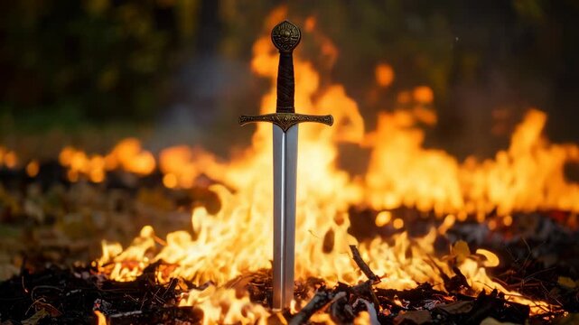 Ancient sword standing upright in the middle of a forest fire