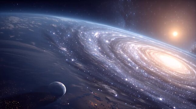 A celestial scene showcasing a vibrant spiral galaxy alongside a distant planet. A bright sun adds radiance, with space encompassing both objects