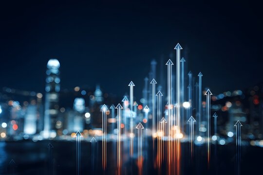 Luminous blue arrows ascend from a shimmering futuristic cityscape at night, illustrating accelerated business growth and positive economic trends, abstract concept.