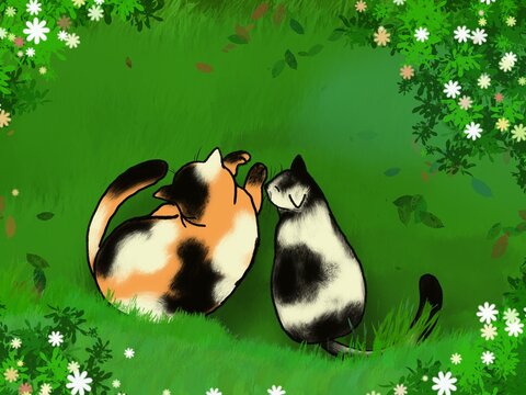 Cute cats sitting together on green grass surrounded by flowers, peaceful spring atmosphere, friendship and love concept, adorable illustration with copy space,it's not Ai.