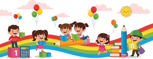 Obraz premium Happy children learning and playing on a colorful rainbow path with school supplies