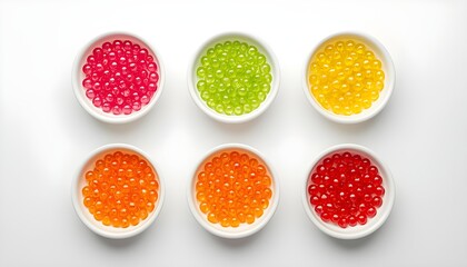A colorful arrangement of small balls in white bowls on a clean surface