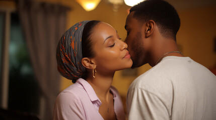 Romantic young couple sharing an intimate moment at home, standing close and smiling, expressing love and affection in a cozy evening atmosphere.
