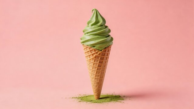 Matcha green tea soft serve ice cream in waffle cone with matcha powder on pink background sweet dessert summer treat Japanese flavor minimalist food photography pastel color