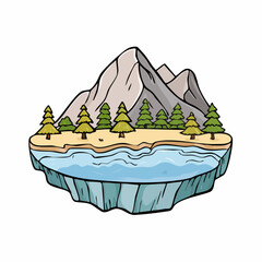 Cartoon illustration of a floating island with a mountain, trees, and water.