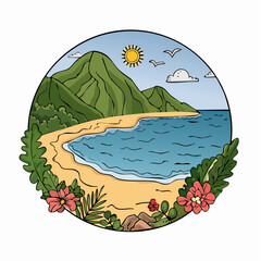Vibrant illustration of a tropical beach scene with lush green mountains, a sandy shore, and clear blue ocean water under a sunny sky.