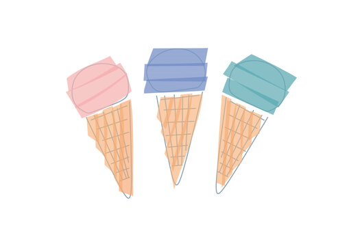 Abstract minimalist illustration of three ice cones with geometric swirls in soft pink, blue, and teal. Perfect for summer campaigns, dessert menus, and creative design projects. Clean, modern vector 