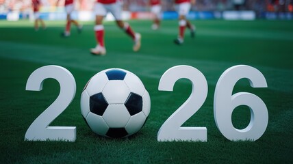 Obraz premium 2026 Football World Cup Vibrant Gradient Badge with Dynamic Goal Net Accents Ideal for Sports Merchandise Digital Marketing and Event Promotional Collateral