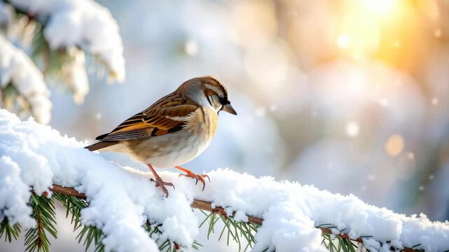 Small brown bird perched on a snow-covered pine branch with soft bokeh lights