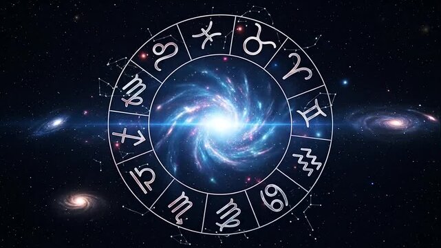 Zodiac wheel with astrological signs and celestial elements in a cosmic setting.