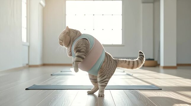 Adorable cat practicing yoga in sunlit modern studio
