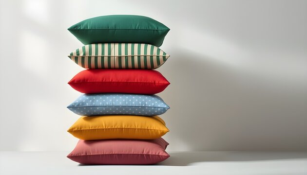 A stack of colorful pillows against a white background