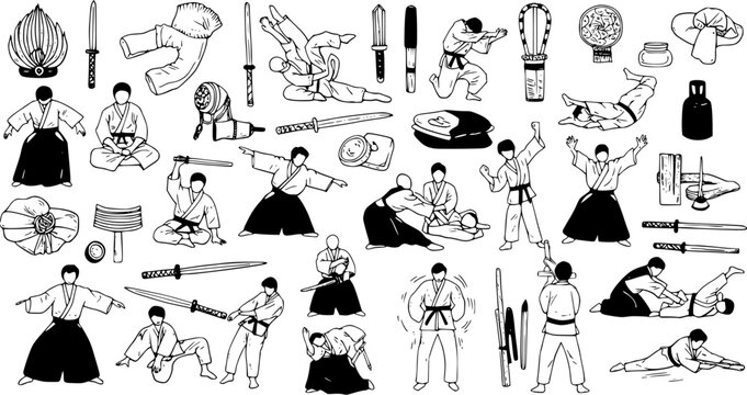 Aikido Martial Arts Set: Hand-drawn collection featuring practitioners in gi and hakama, demonstrating various techniques, grappling, throws, and falls, alongside traditional Japanese weapons.