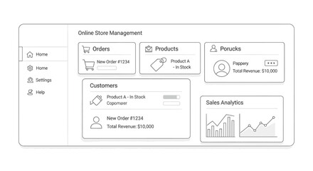 Online store management dashboard displays organized sections for orders, products, customers, and sales analytics interface mockups.