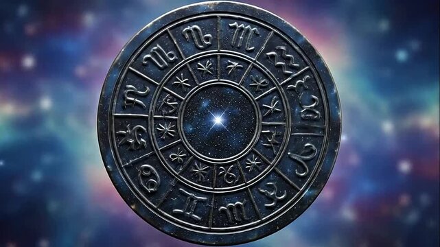 Ancient astrological zodiac wheel on a cosmic galaxy background, mystical horoscope symbols in deep space