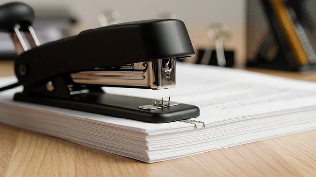 Close-up of Black Stapler on White Paper Stack in Office Setting.