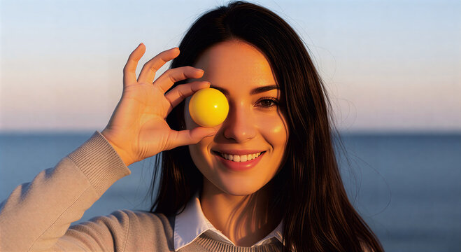 Smiling Woman Holding Yellow Ball Over One Eye at Beach During Golden Hour &ndash; Natural Photorealistic Portrait