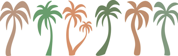 Collection of stylized palm tree icons simple flat vector illustrations in earthy tones for tropical themes isolated on white © aftab