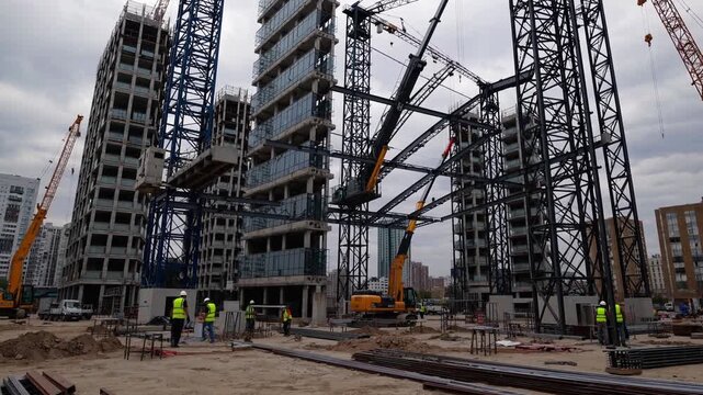Urban construction site with cranes and workers assembling steel frame, mobile cranes lifting girders, concrete slabs and foundation works visible, supervisors in hi-vis vests directing rigging crew,