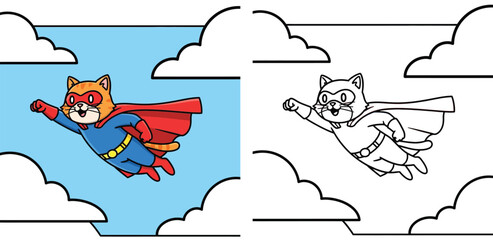 Cute superhero cat flying in the sky coloring page. Color and black and white line art vector illustration for kids. © SHOHAG