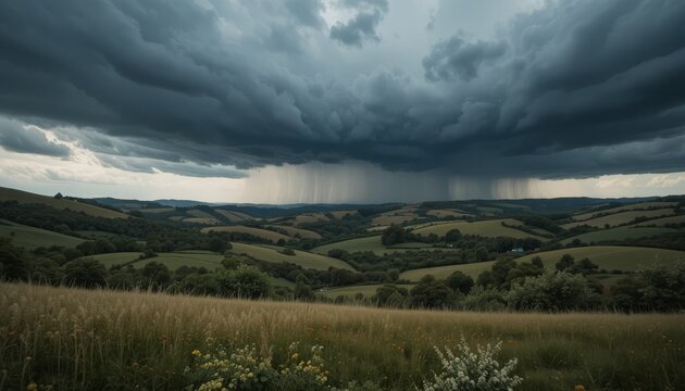 Dramatic storm clouds over rolling countryside fields with moody natural atmosphere
