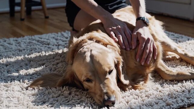 sunlit golden retriever on rug relaxed as owner gently pets and massages coat in cozy living room, warm beams across fur, hands tenderly circling neck and back, calm breathing, tranquil bond, owner
