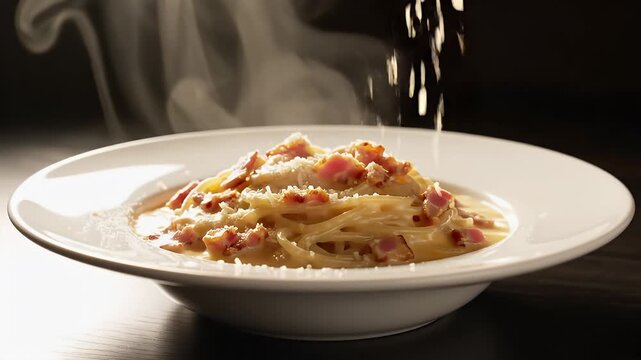 Savory Spaghetti Carbonara Drizzled With Grated Parmesan Cheese Against Dark Moody Background With Steam Rising