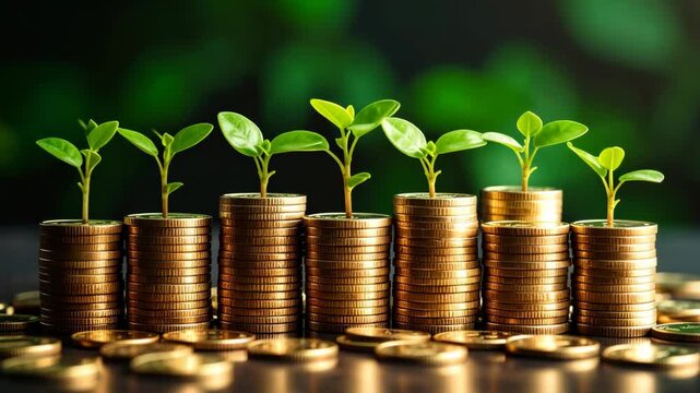 Green sprouts emerging from stacks of golden coins symbolizing financial growth and investment success