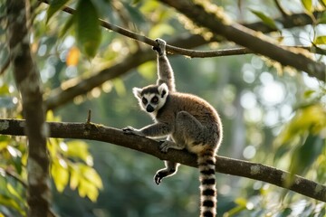 Obraz premium A ring-tailed lemur perches on a tree branch in a lush forest, gripping with one hand and looking alert.
