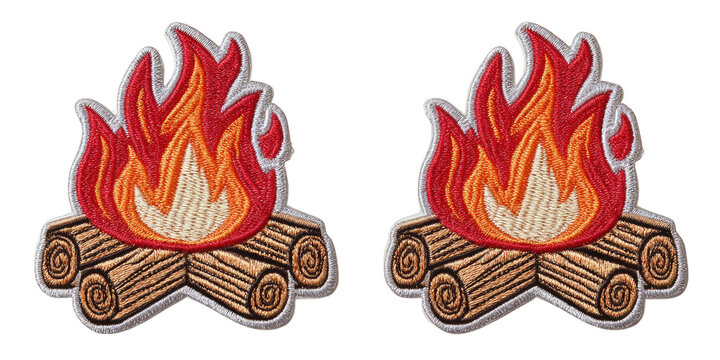 Two embroidered patches of a campfire with flames and wood logs on black background