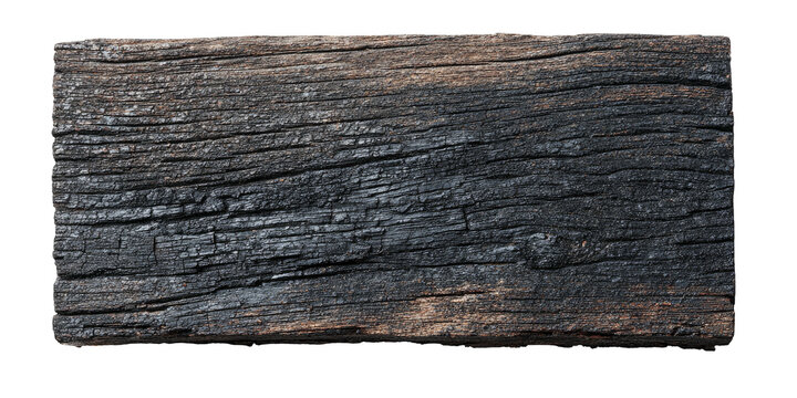 A weathered piece of dark wood, textured with visible grains and a black, charred appearance