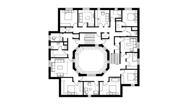High Quality Black Line Art of Ancient Egyptian Mudbrick House Floor Plan with Compact Rooms and Storage Spaces, Top View Architectural Layout Illustration