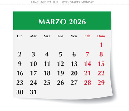 2026 Italian March Marzo calendar layout. Paper page vector design with shadow Italy