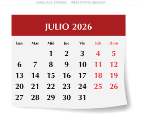 2026 Spanish July Julio calendar layout. Monthly vector page with shadow Spain