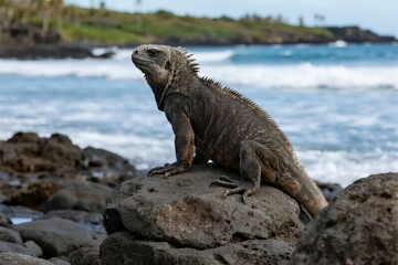 Fototapeta premium A marine iguana perches on rocky shore with ocean waves in the background