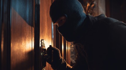 A person in disguise attempting to enter a door.