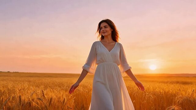 Woman in white dress standing with arms outstretched in a wheat field at sunset
