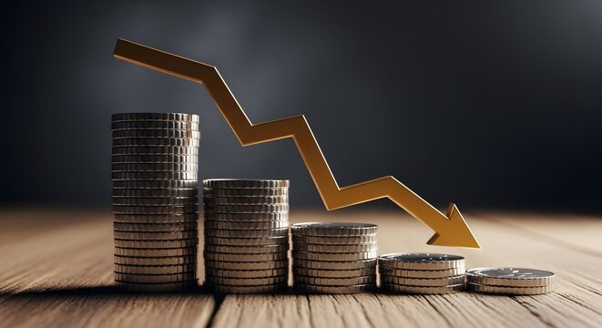 Financial loss and stock market crash with falling gold arrow. Economic recession and inflation risks. Declining gold coin stacks representing bankruptcy and debt on wooden background