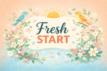 Obraz premium Fresh start spring banner with birds, flowers and sunrise in pastel watercolor style, gentle lighting, perfect for seasonal marketing and inspirational content.