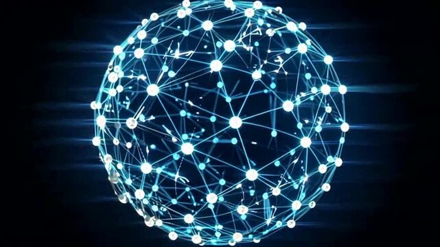 Glowing blue network sphere with connected nodes and lines on a dark background with streaks of light.