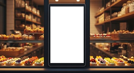 Blank digital display screen in a bakery showcasing delicious pastries and desserts